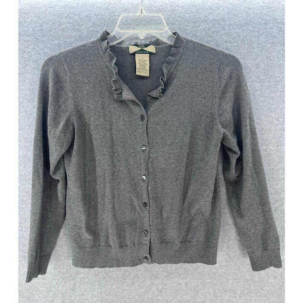 VTG 525 America Women's sz L Grey Button Down Cardigan Ruffle Neck Cotton Blend